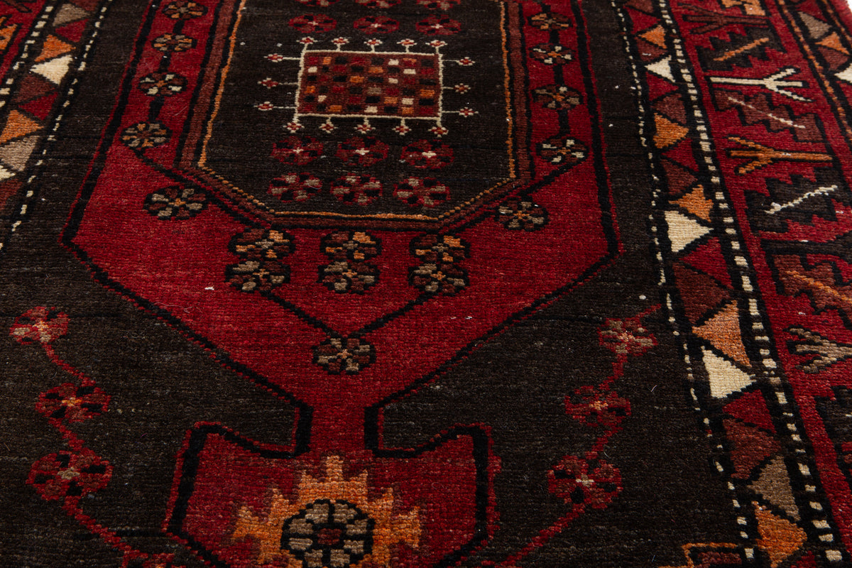 Vintage Red, Charcoal Black Hand-Knotted Wool Rug – 6' 3" x 3' 4" (190 x 102 cm)