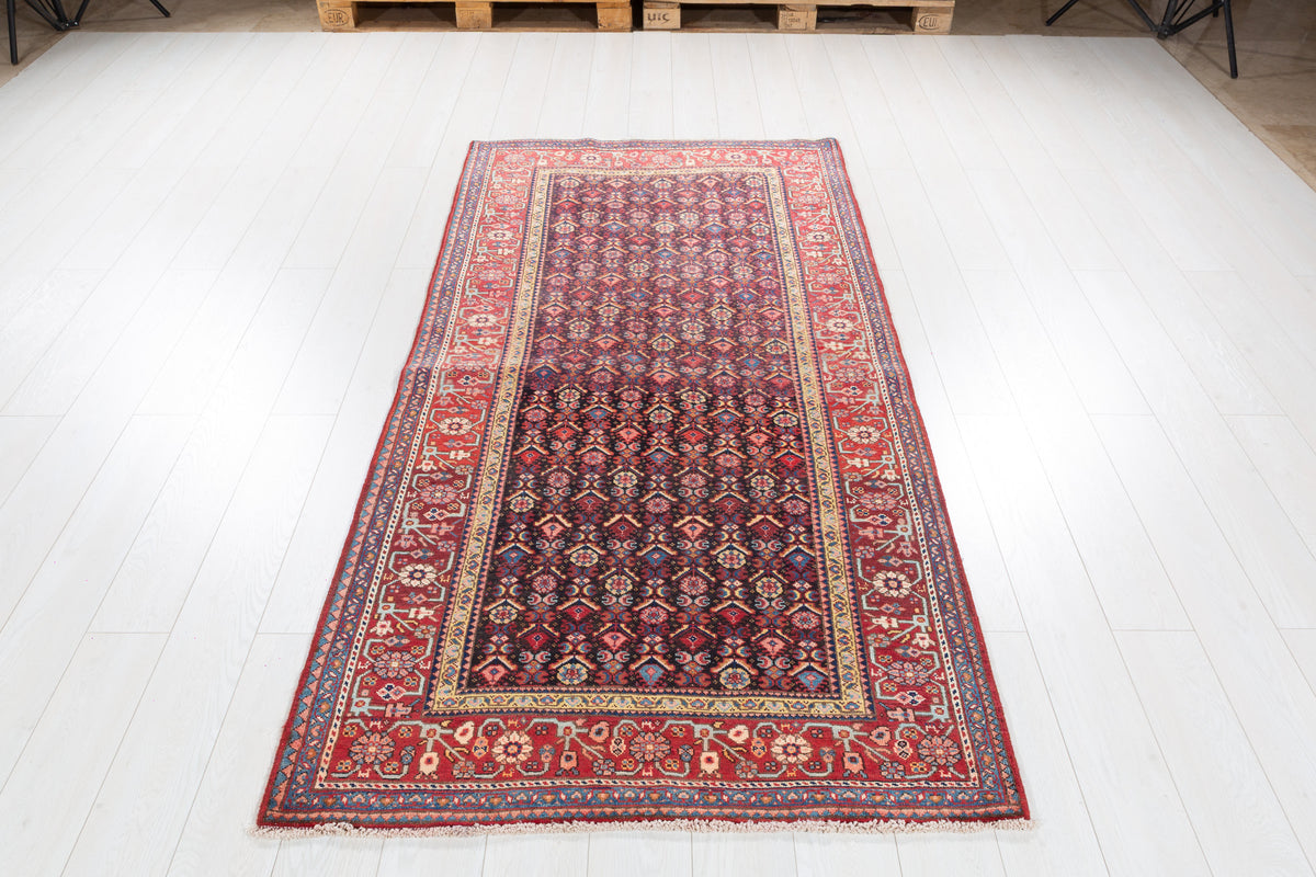 Rare Semi-Antique Allover Hand-Knotted Wool Rug, Muted Navy Blue – 7' 9" x 3' 8" (237 x 112 cm)