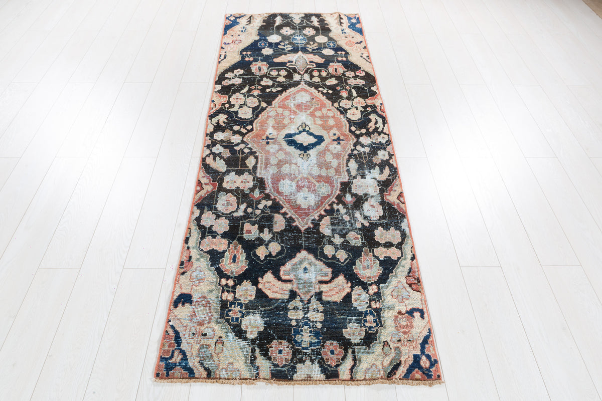 Antique Distressed Floral Wool Runner, Faded Black, Blush & Beige – 8' 2" x 2' 9" (248 x 84 cm)