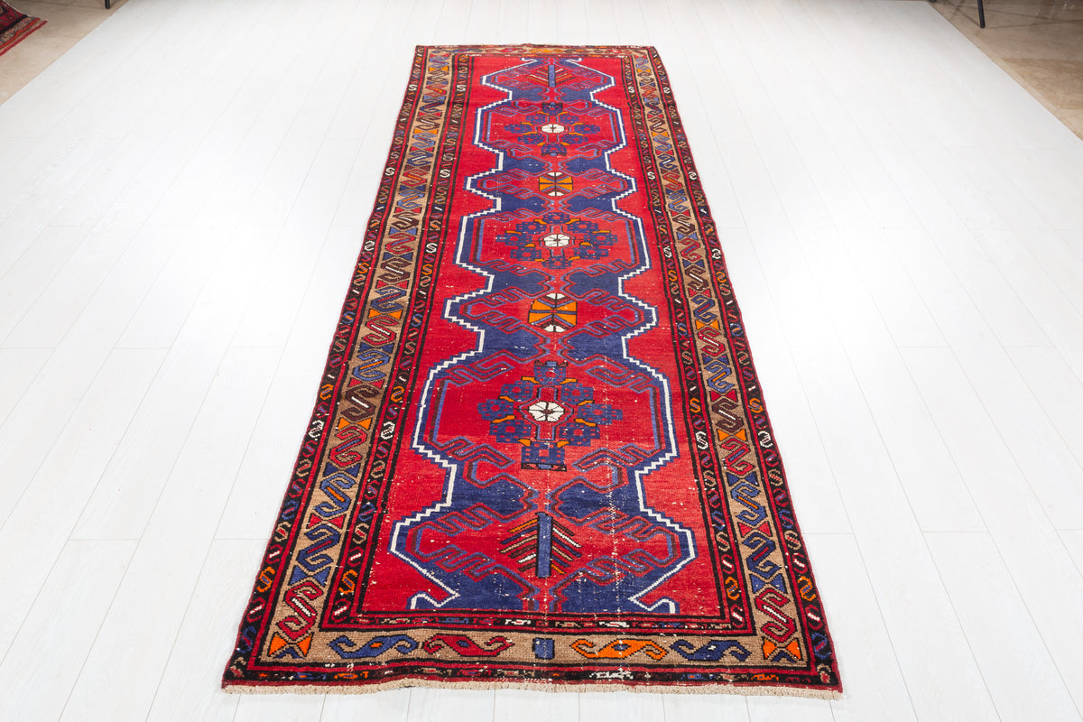Semi-Antique Tribal Geometric Wool Runner, Red, Navy Blue & Brown – 10' 3" x 3' 7" (313 x 109 cm)