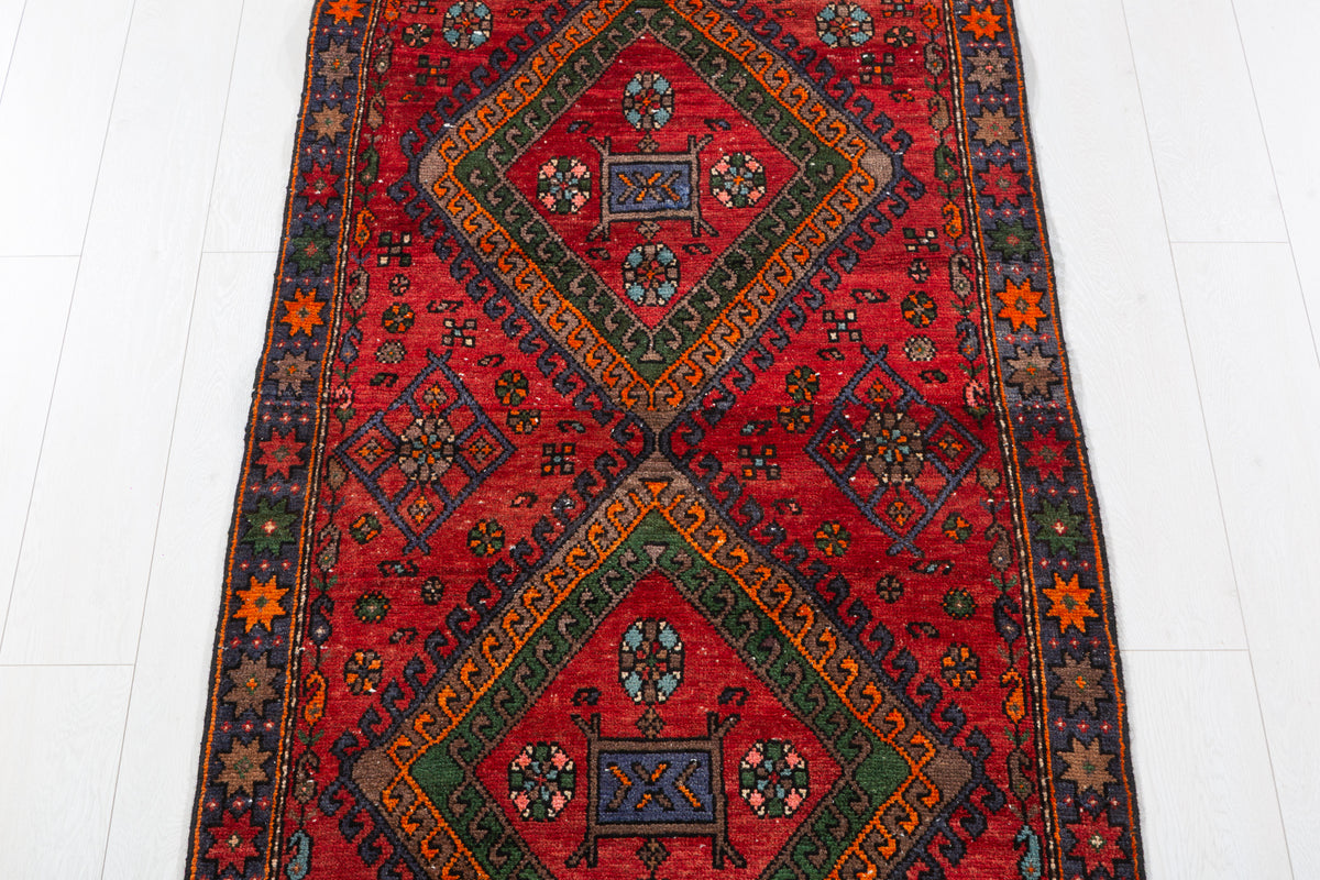 Semi-Antique Bold Geometric Hand-Knotted Wool Rug, Red & Green – 7' 0" x 3' 1" (213 x 94 cm)