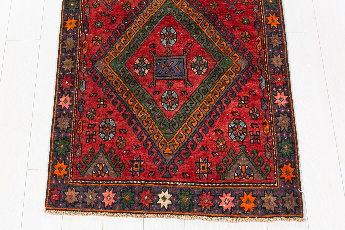 Semi-Antique Bold Geometric Hand-Knotted Wool Rug, Red & Green – 7' 0" x 3' 1" (213 x 94 cm)