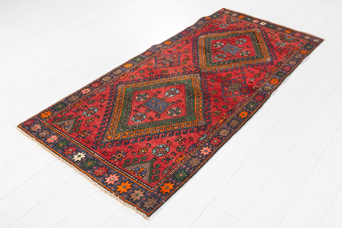 Semi-Antique Bold Geometric Hand-Knotted Wool Rug, Red & Green – 7' 0" x 3' 1" (213 x 94 cm)