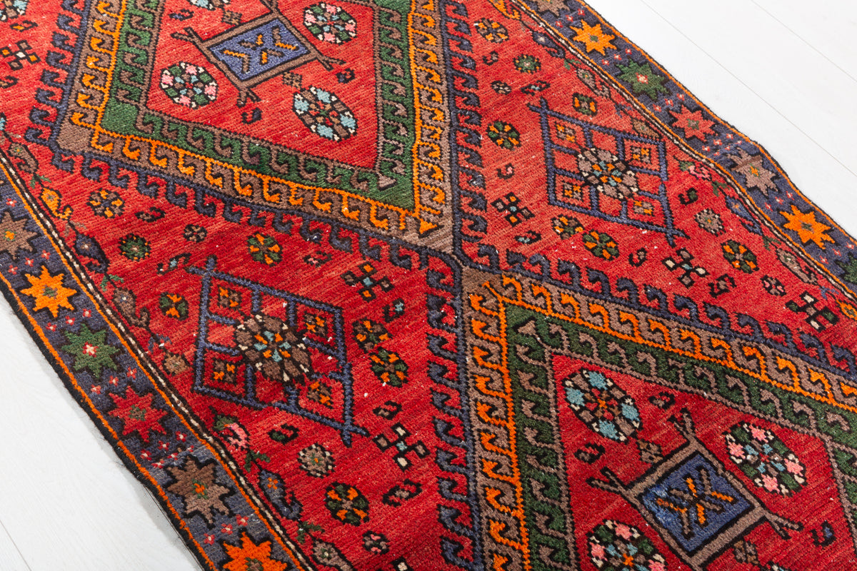 Semi-Antique Bold Geometric Hand-Knotted Wool Rug, Red & Green – 7' 0" x 3' 1" (213 x 94 cm)