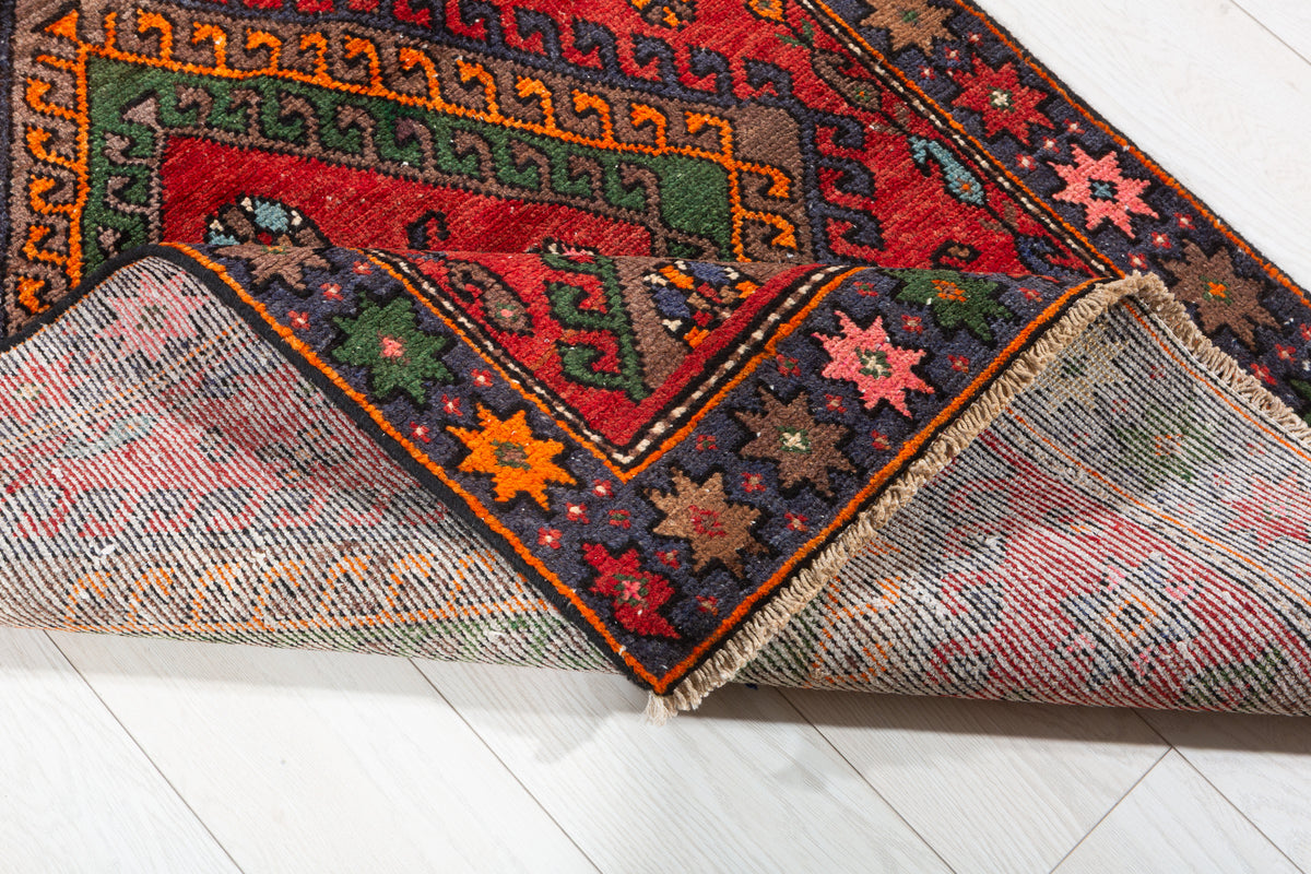 Semi-Antique Bold Geometric Hand-Knotted Wool Rug, Red & Green – 7' 0" x 3' 1" (213 x 94 cm)