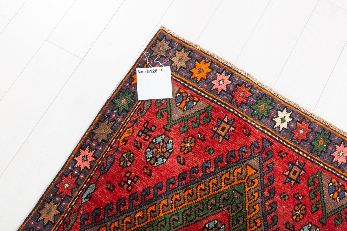 Semi-Antique Bold Geometric Hand-Knotted Wool Rug, Red & Green – 7' 0" x 3' 1" (213 x 94 cm)