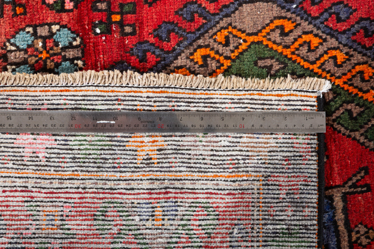 Semi-Antique Bold Geometric Hand-Knotted Wool Rug, Red & Green – 7' 0" x 3' 1" (213 x 94 cm)