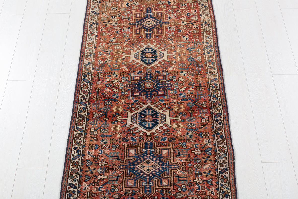 Vintage Narrow Geometric Wool Runner, Bright Red – 10' 0" x 2' 8" (304 x 80 cm)