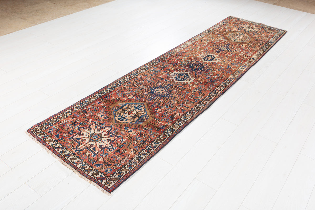 Vintage Narrow Geometric Wool Runner, Bright Red – 10' 0" x 2' 8" (304 x 80 cm)