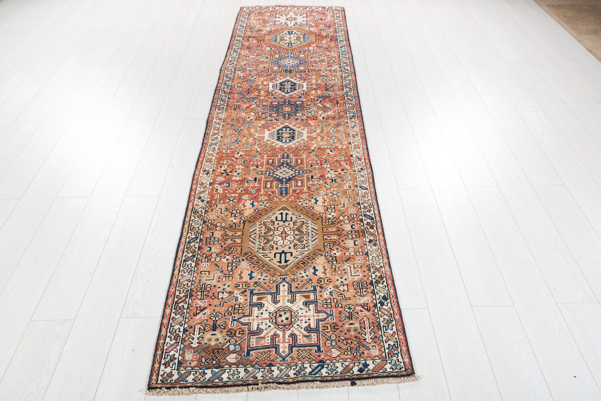 Vintage Narrow Geometric Wool Runner, Bright Red – 10' 0" x 2' 8" (304 x 80 cm)