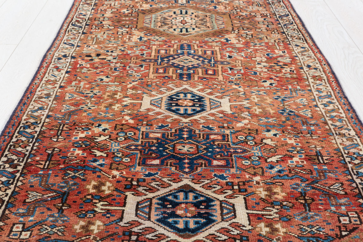 Vintage Narrow Geometric Wool Runner, Bright Red – 10' 0" x 2' 8" (304 x 80 cm)