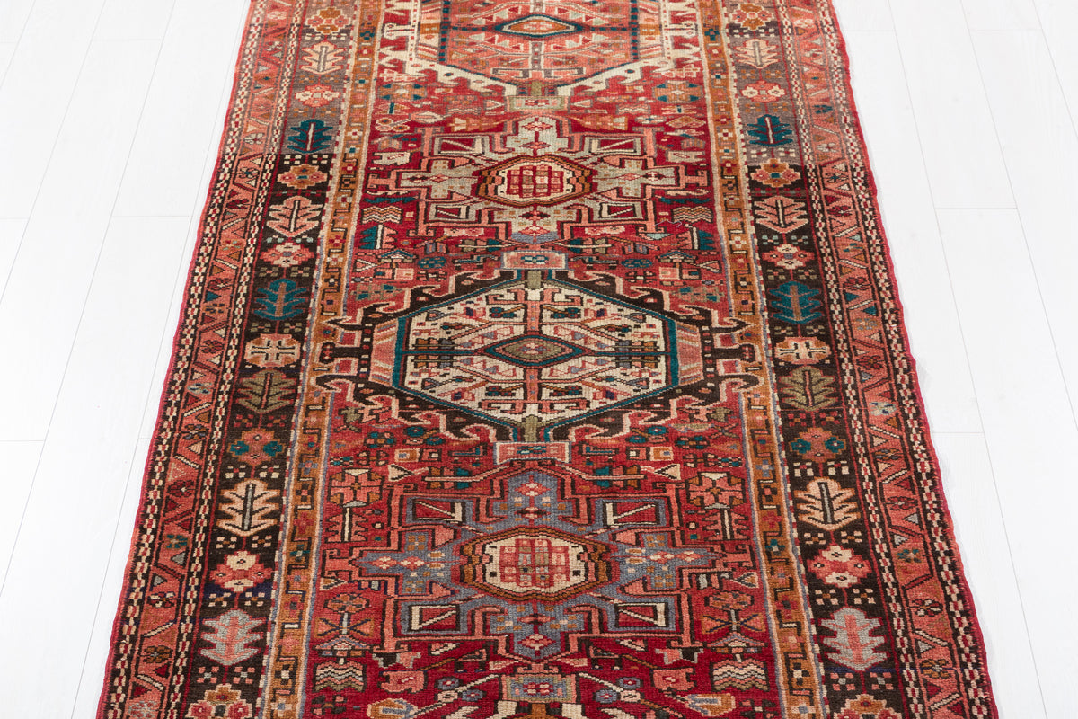 Semi-Antique Geometric Wool Runner, Red – 12' 10" x 3' 11" (390 x 119 cm)