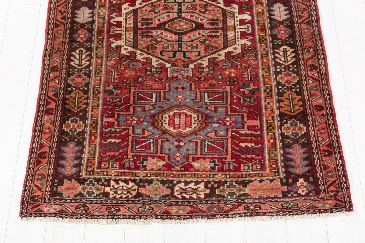 Semi-Antique Geometric Wool Runner, Red – 12' 10" x 3' 11" (390 x 119 cm)