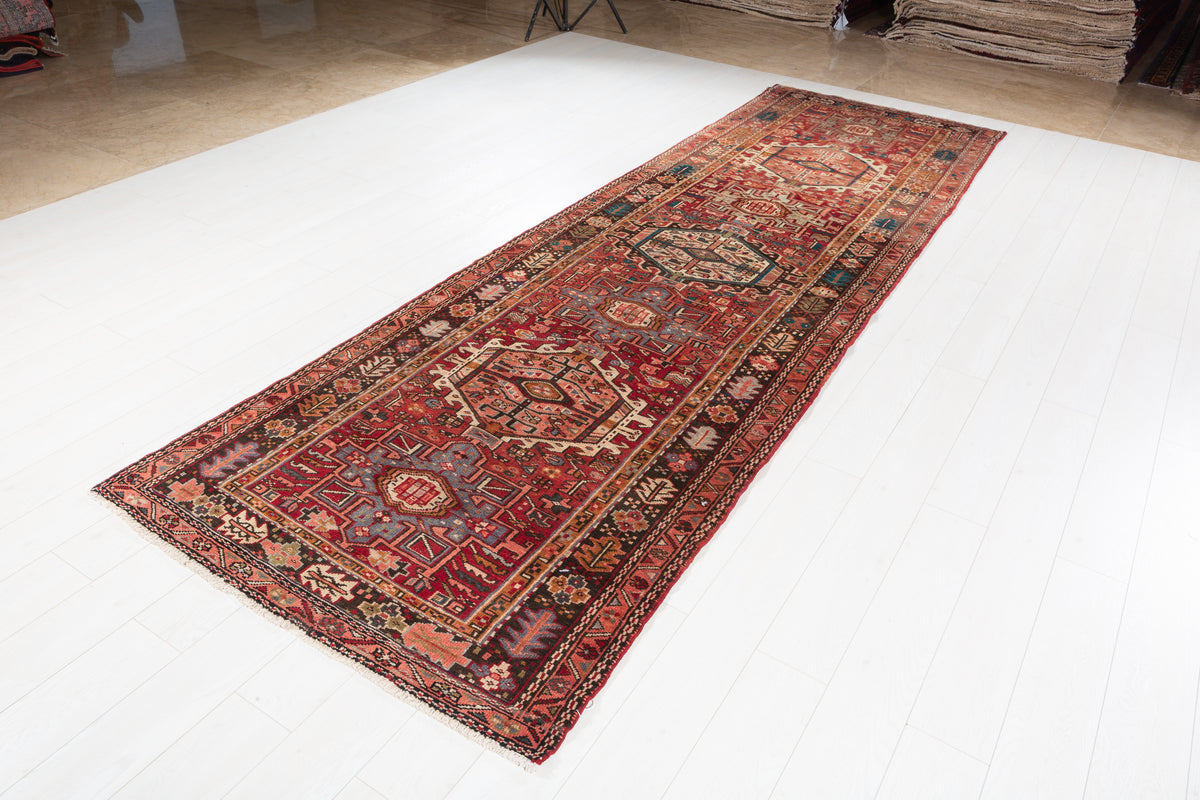 Semi-Antique Geometric Wool Runner, Red – 12' 10" x 3' 11" (390 x 119 cm)
