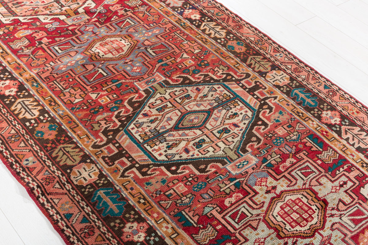 Semi-Antique Geometric Wool Runner, Red – 12' 10" x 3' 11" (390 x 119 cm)