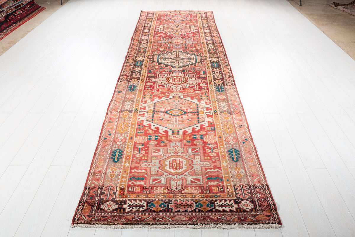 Semi-Antique Geometric Wool Runner, Red – 12' 10" x 3' 11" (390 x 119 cm)