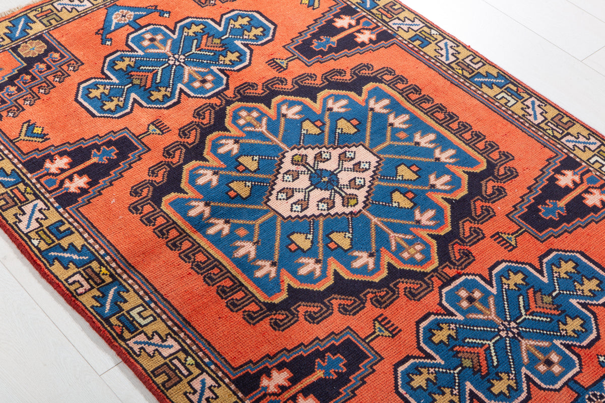 Small Vintage Orange-Red & Blue Rug – 5' 0" x 3' 2" (152 x 97 cm)