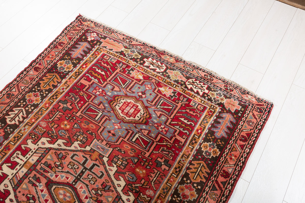 Semi-Antique Geometric Wool Runner, Red – 12' 10" x 3' 11" (390 x 119 cm)