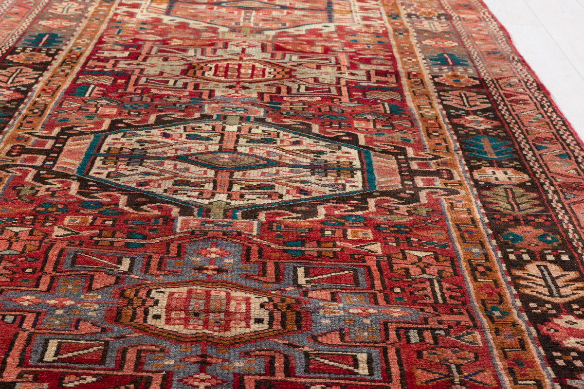 Semi-Antique Geometric Wool Runner, Red – 12' 10" x 3' 11" (390 x 119 cm)