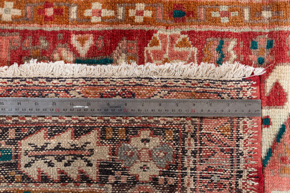 Semi-Antique Geometric Wool Runner, Red – 12' 10" x 3' 11" (390 x 119 cm)