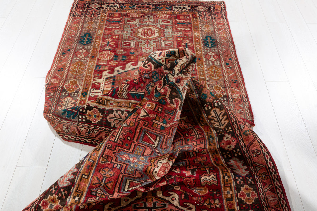 Semi-Antique Geometric Wool Runner, Red – 12' 10" x 3' 11" (390 x 119 cm)
