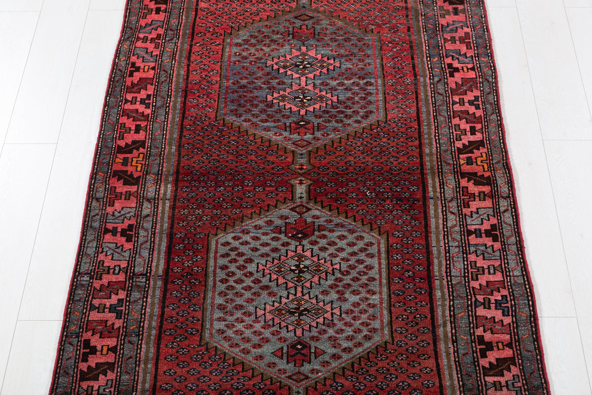 Rare Vintage Geometric Medallion Wool Runner, Coral, Pink & Light Blue – 9' 8" x 3' 8" (295 x 111 cm)