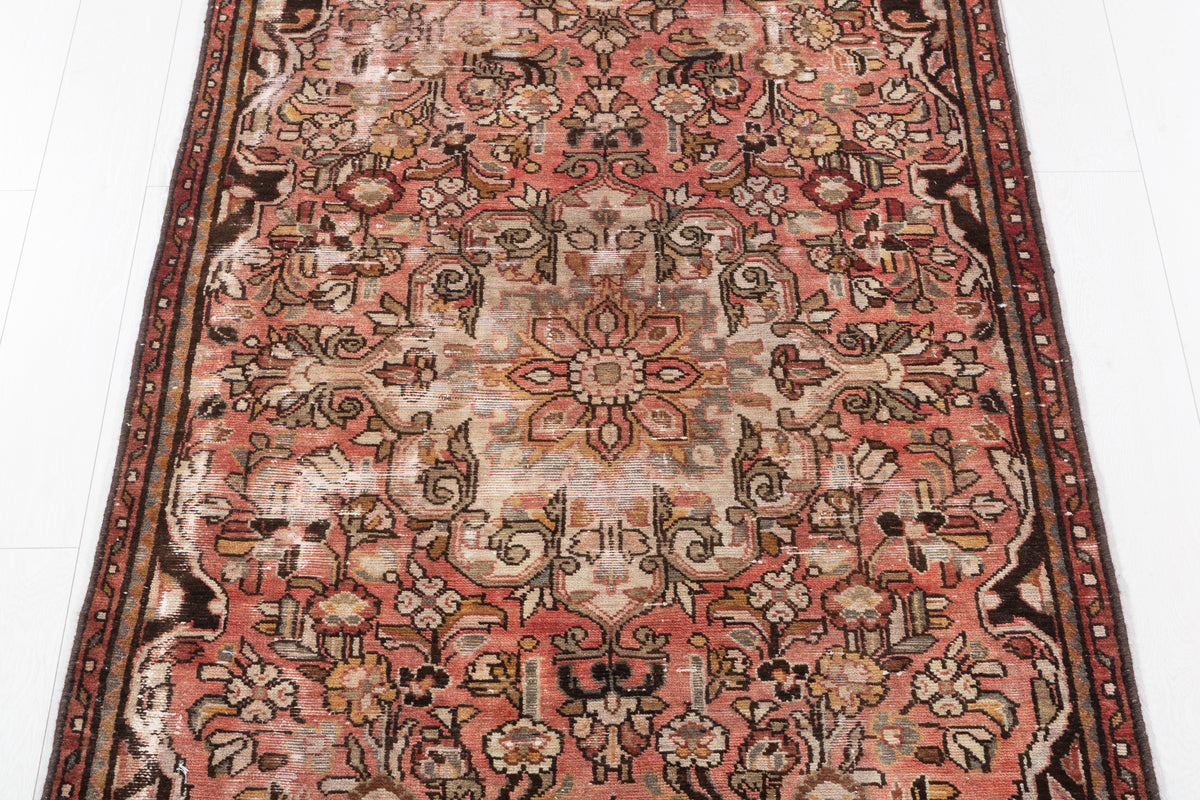 Antique Floral Hand-Knotted Wool Rug, Faded Red – 8' 4" x 3' 9" (254 x 114 cm)