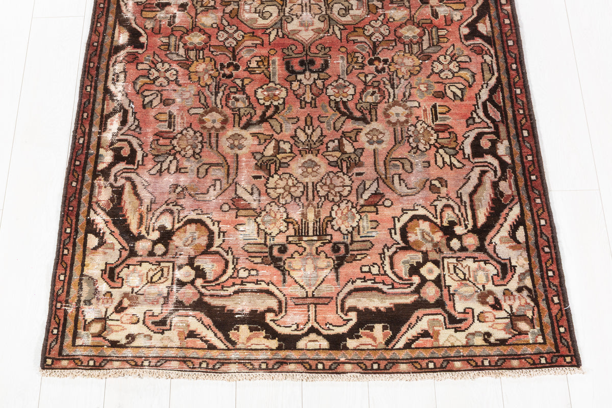 Antique Floral Hand-Knotted Wool Rug, Faded Red – 8' 4" x 3' 9" (254 x 114 cm)