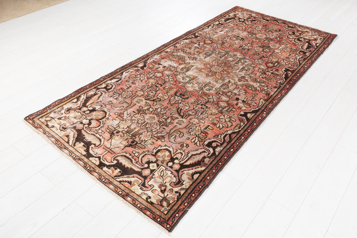 Antique Floral Hand-Knotted Wool Rug, Faded Red – 8' 4" x 3' 9" (254 x 114 cm)