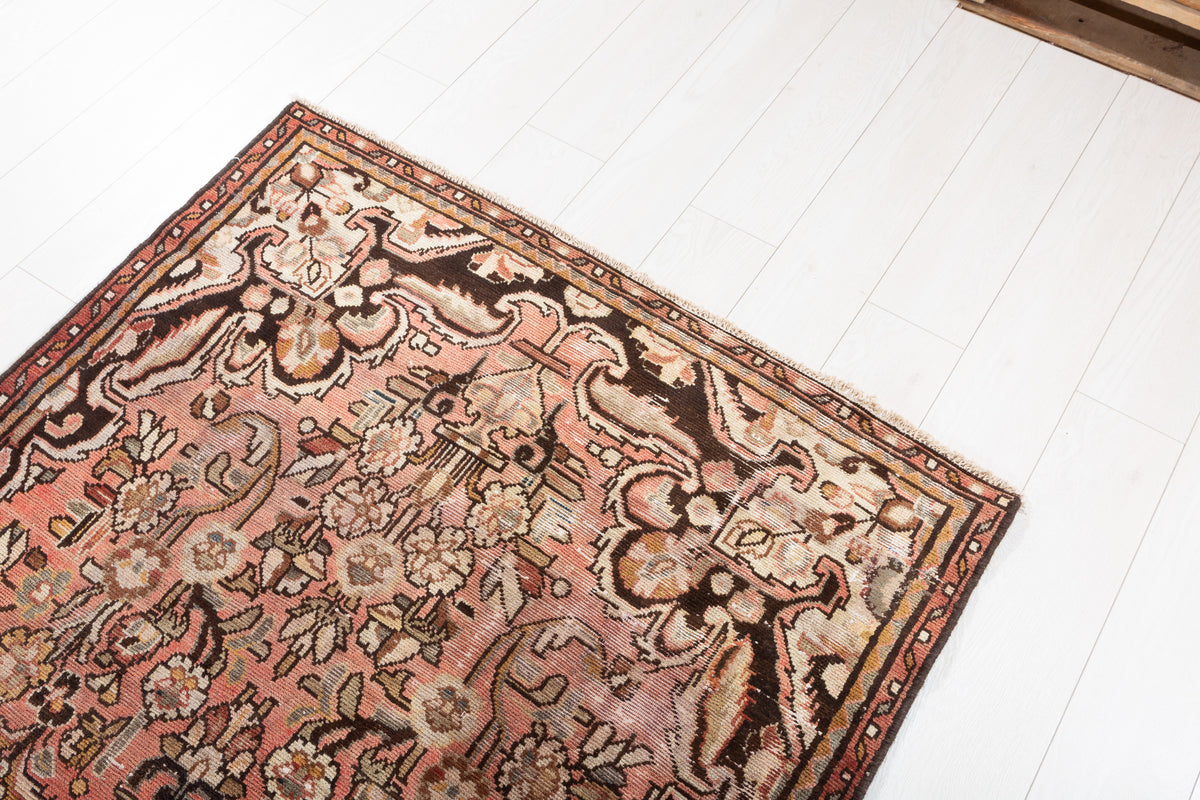 Antique Floral Hand-Knotted Wool Rug, Faded Red – 8' 4" x 3' 9" (254 x 114 cm)