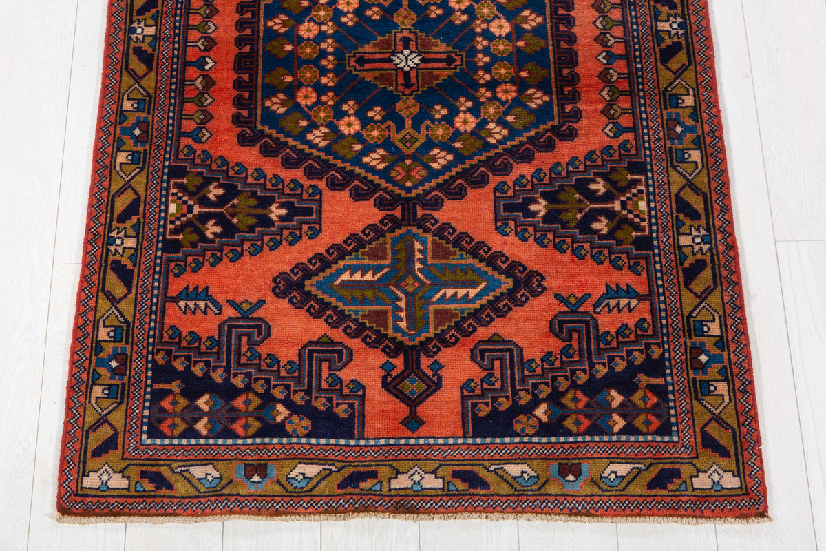Small Vintage Orange-Red & Blue Rug – 5' 3" x 3' 5" (159 x 105 cm)
