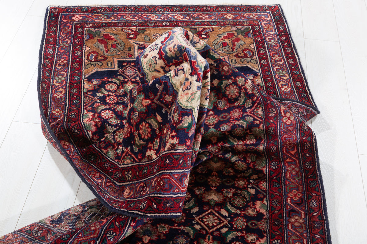 Vintage Herati Medallion Wool Runner, Deep Navy Blue & Red – 9' 7" x 3' 4" (293 x 101 cm)