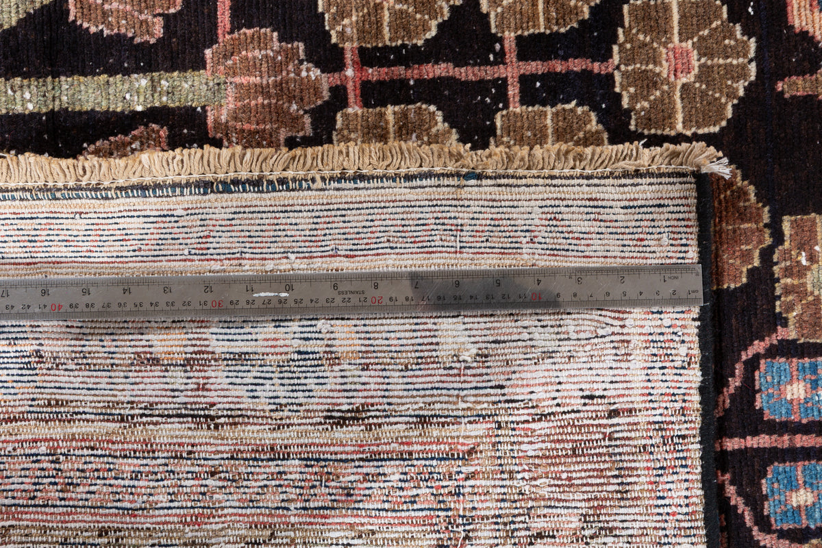 Antique Floral Medallion Wool Rug, Deep Navy Blue & Rust Red – 8' 9" x 3' 11" (266 x 119 cm)