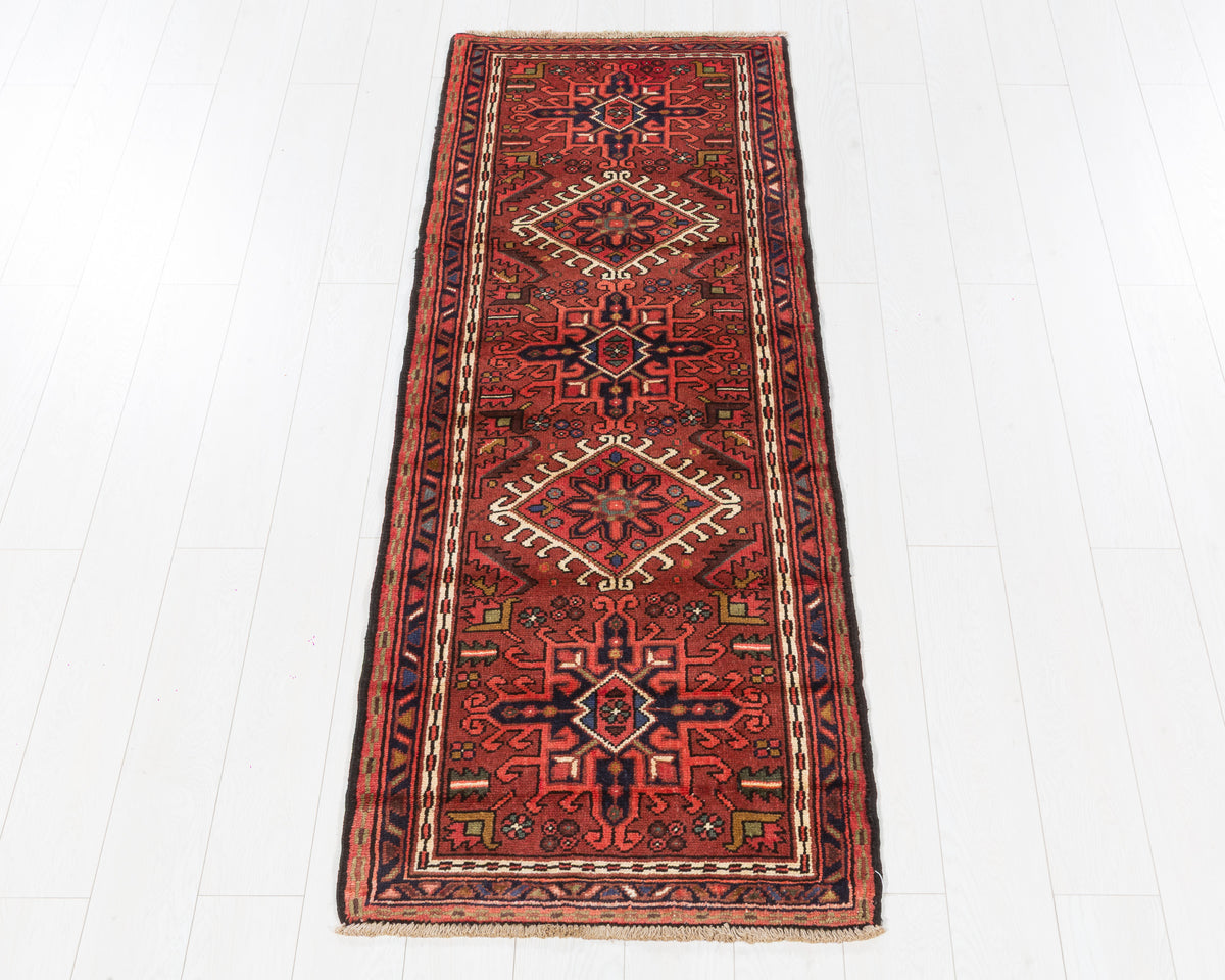 Vintage Small Geometric Narrow Wool Hallway Runner Rug, Rust Red – 6' 7" x 2' 5" (201 x 74 cm)