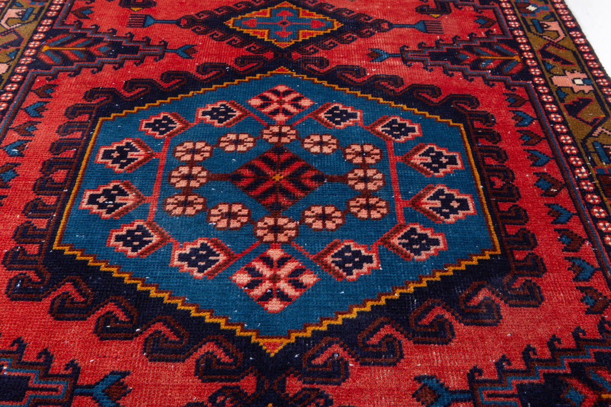 Small Vintage Orange-Red & Blue Rug – 5' 0" x 3' 3" (152 x 100 cm)