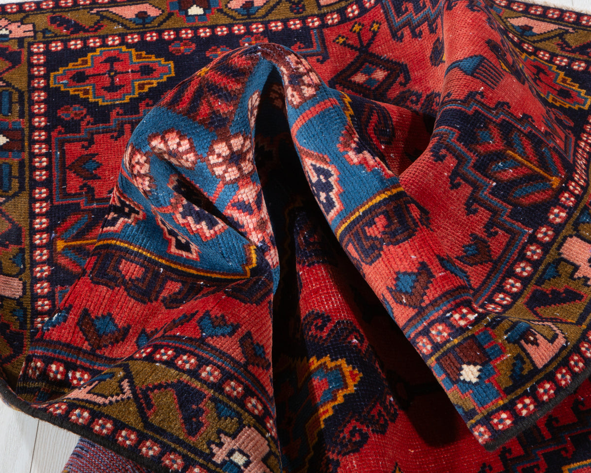 Small Vintage Orange-Red & Blue Rug – 5' 0" x 3' 3" (152 x 100 cm)