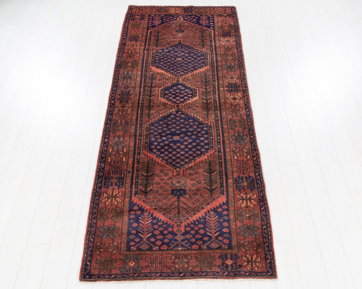 Tribal Geometric Narrow Wool Hallway Runner Rug, Rust Red & Navy Blue – 9' 8" x 3' 9" (295 x 114 cm)
