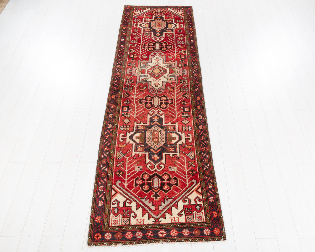 Semi-Antique Red Tribal Nomadic Narrow Wool Hallway Runner Rug – 10' 3" x 3' 1" (313 x 93 cm)