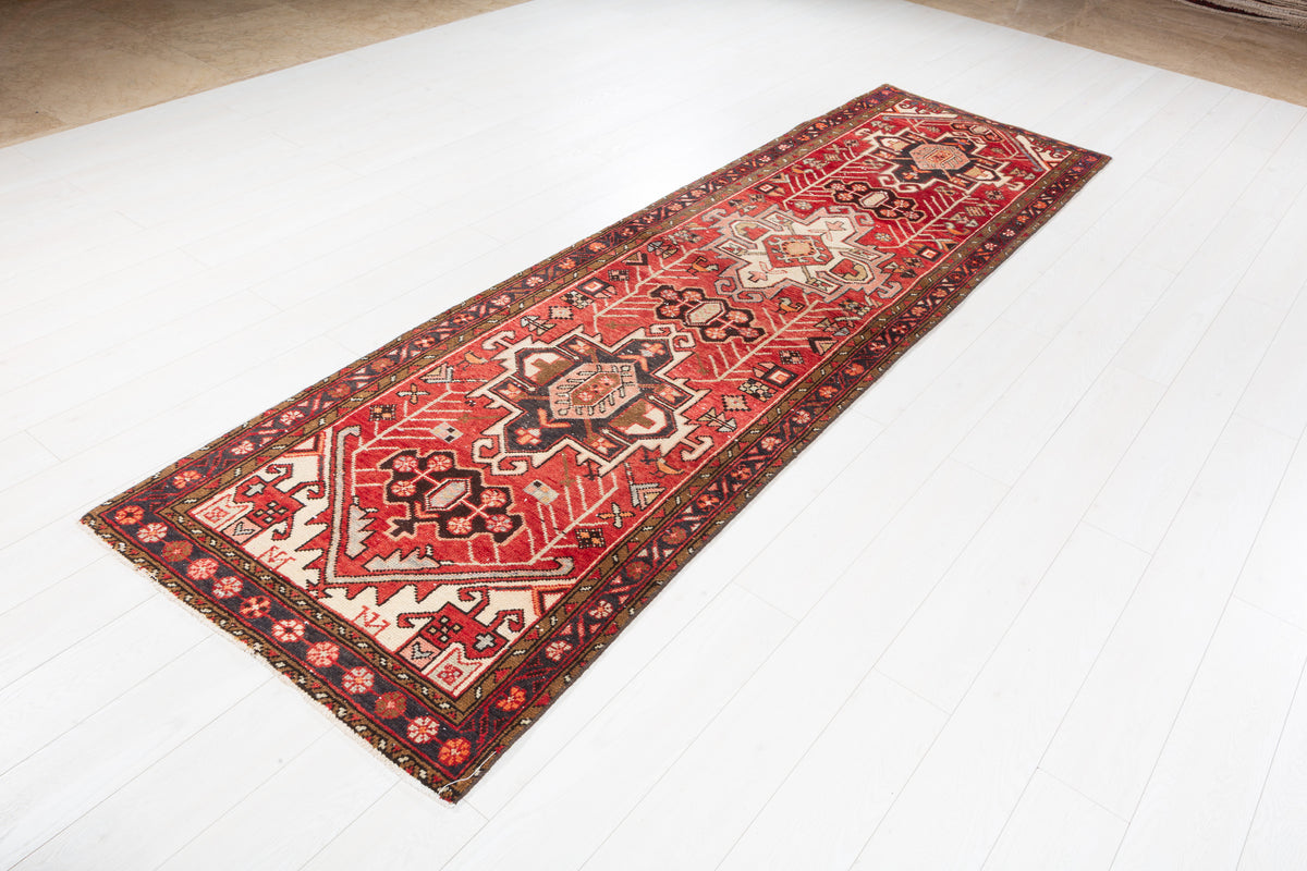 Semi-Antique Red Tribal Nomadic Narrow Hand-Knotted Wool Hallway Runner Rug – 10' 3" x 3' 1" (313 x 93 cm)