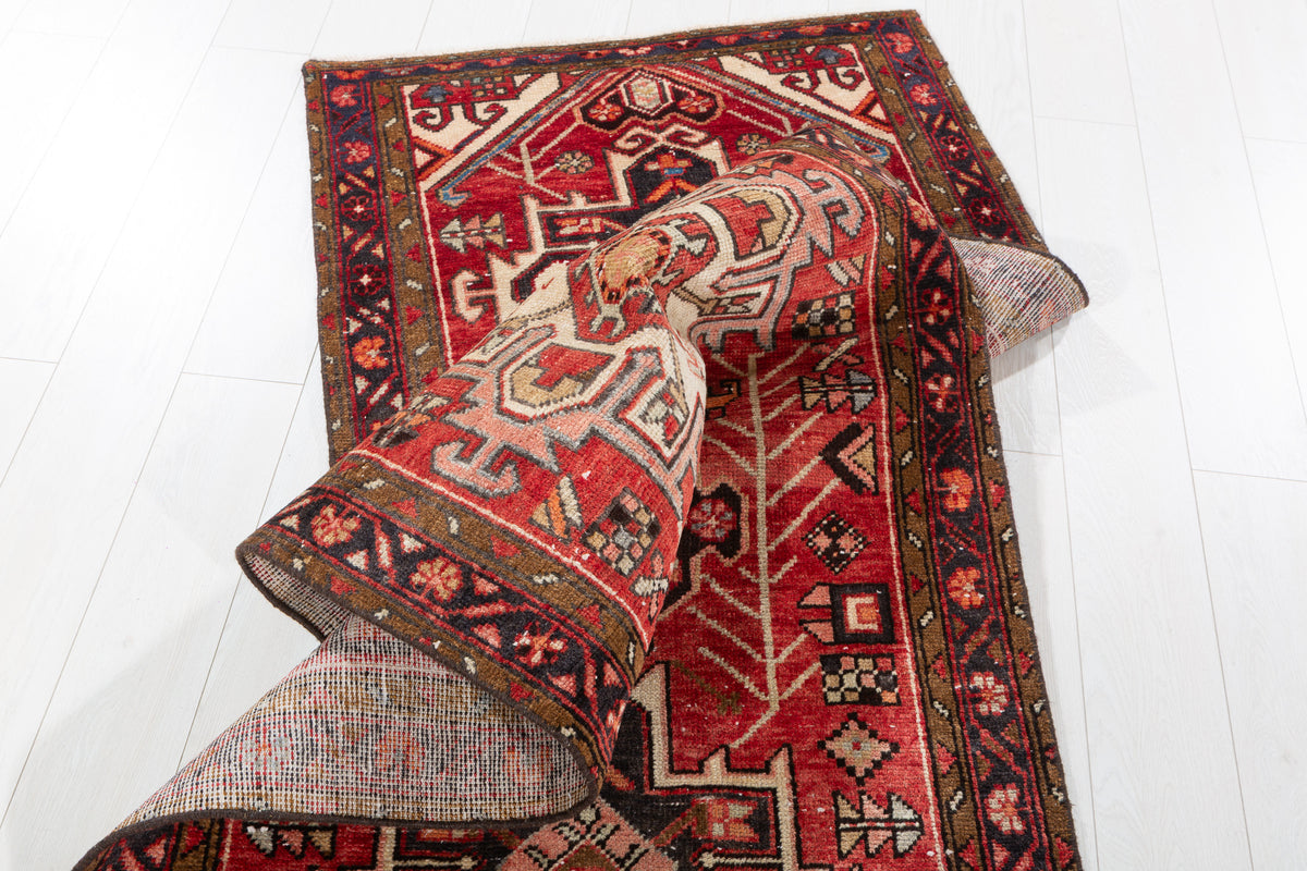 Semi-Antique Red Tribal Nomadic Narrow Hand-Knotted Wool Hallway Runner Rug – 10' 3" x 3' 1" (313 x 93 cm)