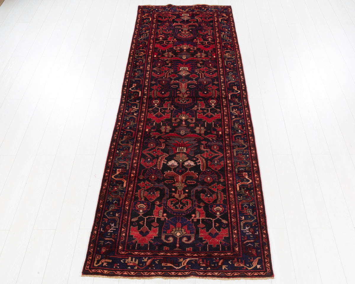 Rare Vintage Allover Narrow Wool Hallway Runner Rug, Deep Navy Blue – 10' 2" x 3' 7" (309 x 109 cm)