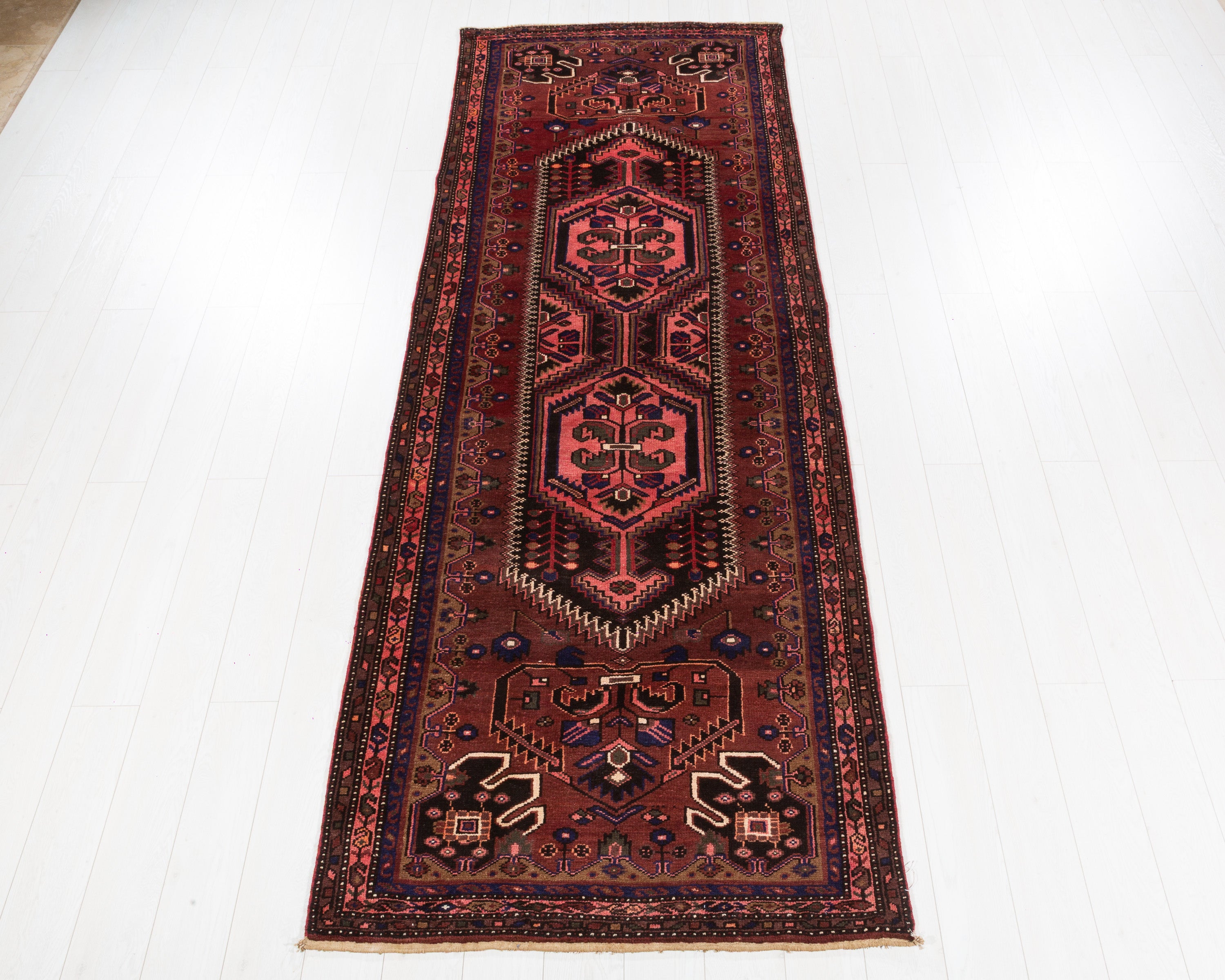 Hand-Knotted Vintage Wool Rust Red & Navy Zanjan Runner, 10 ft Long – 10' 4" x 3' 9" (315 x 114 cm)