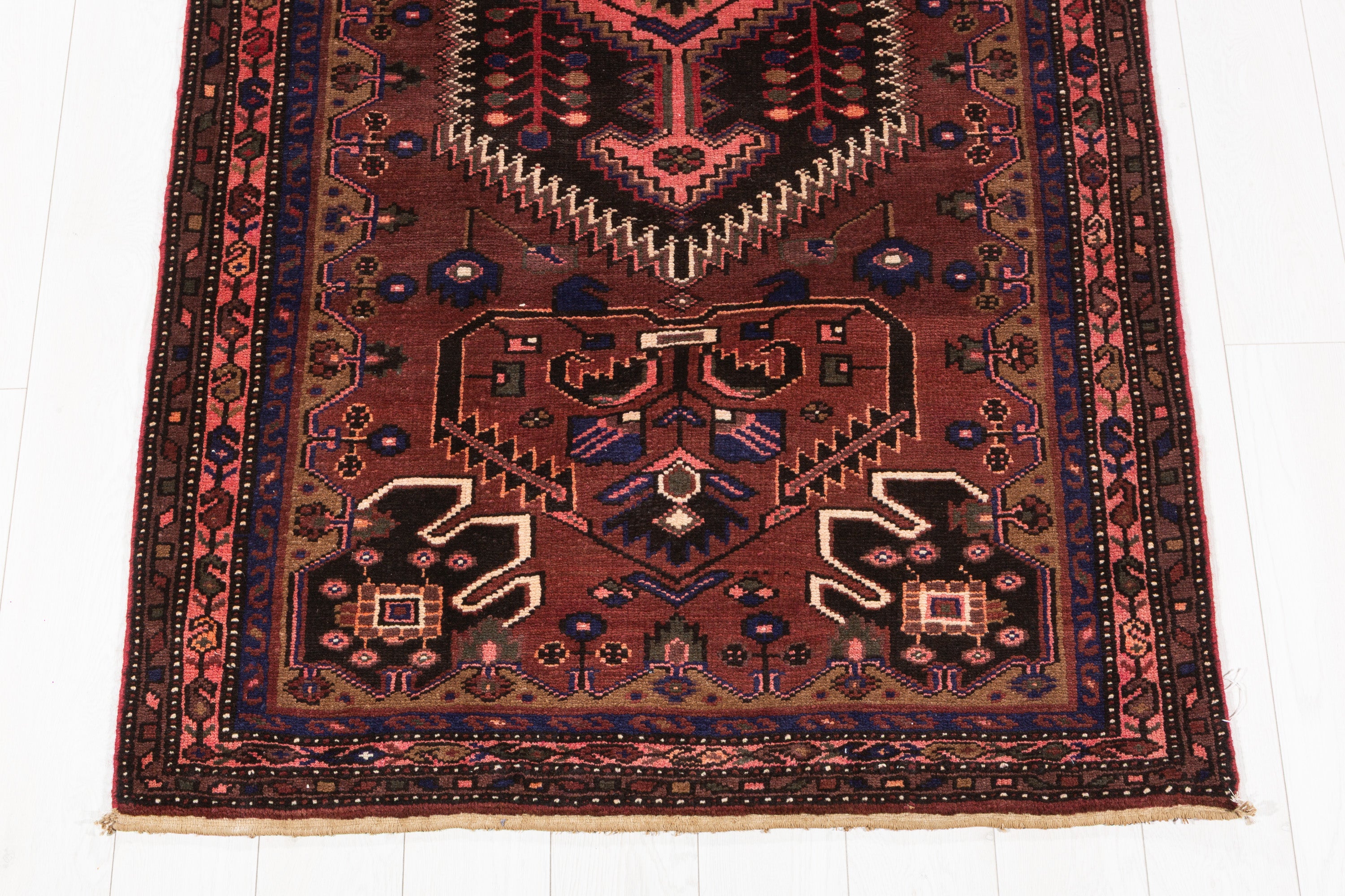 Hand-Knotted Vintage Wool Rust Red & Navy Zanjan Runner, 10 ft Long – 10' 4" x 3' 9" (315 x 114 cm)