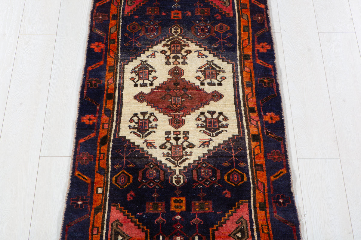 Small Vintage Navy Blue, Orange & Beige Rug – 4' 6" x 2' 5" (136 x 73 cm)