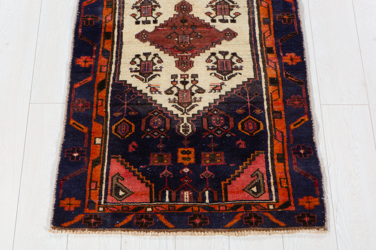Small Vintage Navy Blue, Orange & Beige Rug – 4' 6" x 2' 5" (136 x 73 cm)