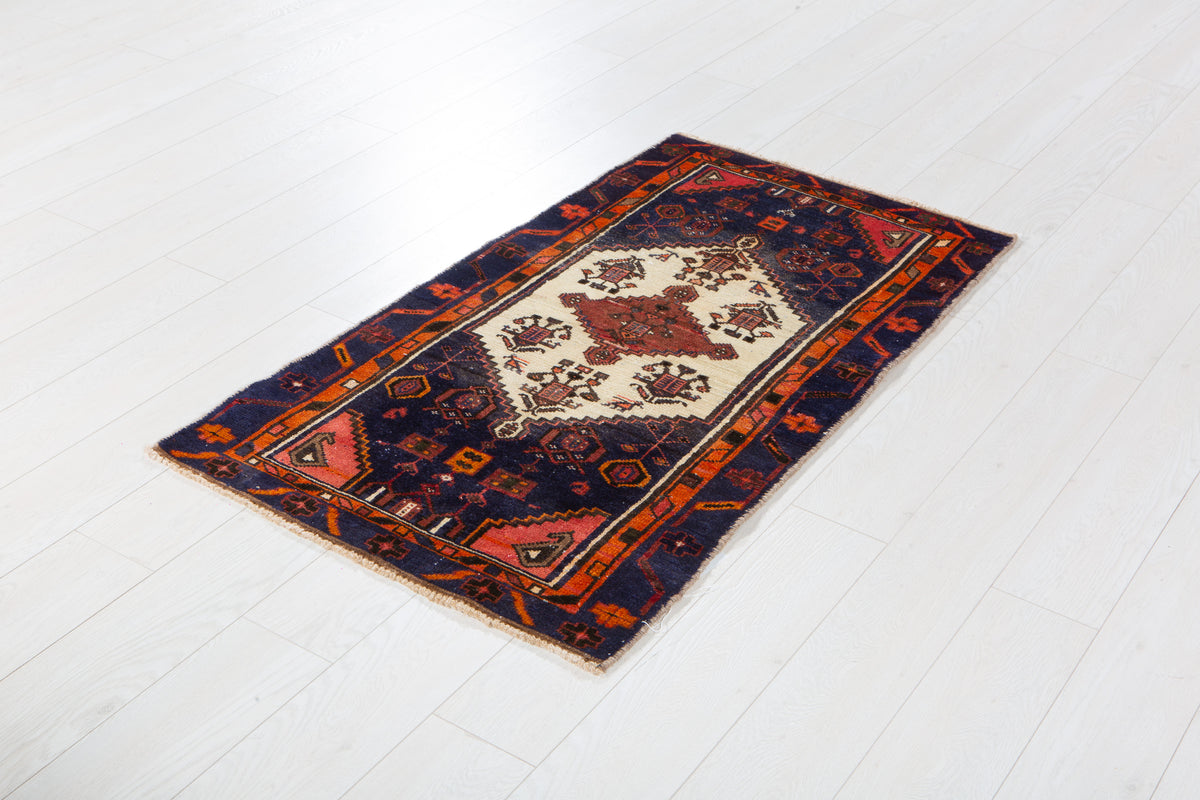 Small Vintage Navy Blue, Orange & Beige Rug – 4' 6" x 2' 5" (136 x 73 cm)
