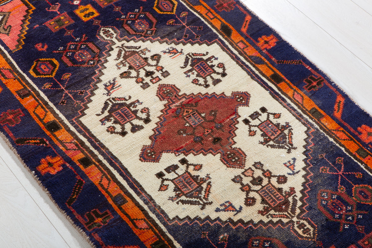 Small Vintage Navy Blue, Orange & Beige Rug – 4' 6" x 2' 5" (136 x 73 cm)