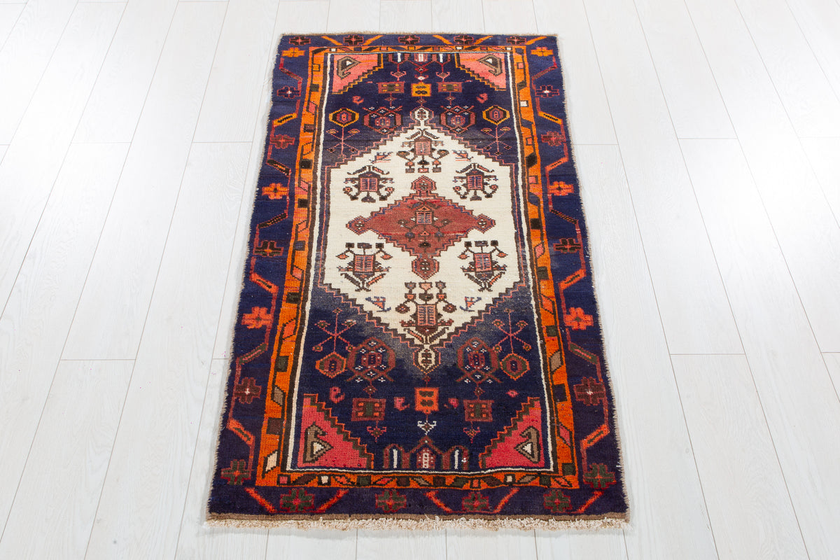 Small Vintage Navy Blue, Orange & Beige Rug – 4' 6" x 2' 5" (136 x 73 cm)