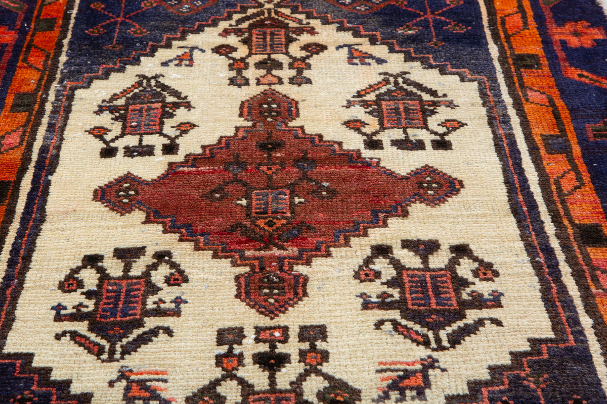 Small Vintage Navy Blue, Orange & Beige Rug – 4' 6" x 2' 5" (136 x 73 cm)