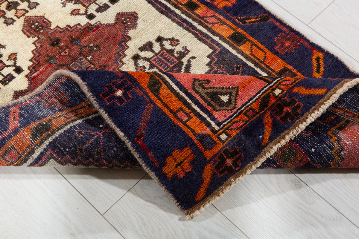 Small Vintage Navy Blue, Orange & Beige Rug – 4' 6" x 2' 5" (136 x 73 cm)
